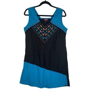 Coline Womens Size M Ethnic Shift Dress Blue Black Two Tone & Tassel Braid Trim